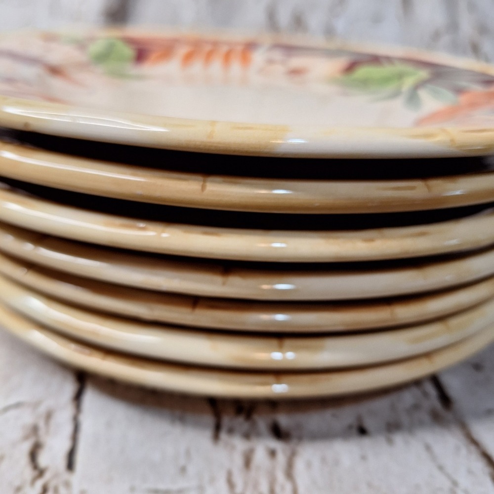 Home Trends Tropical Hibiscus Bamboo‎ Rim Dinnerware Set Platter 7 Plates 8pc